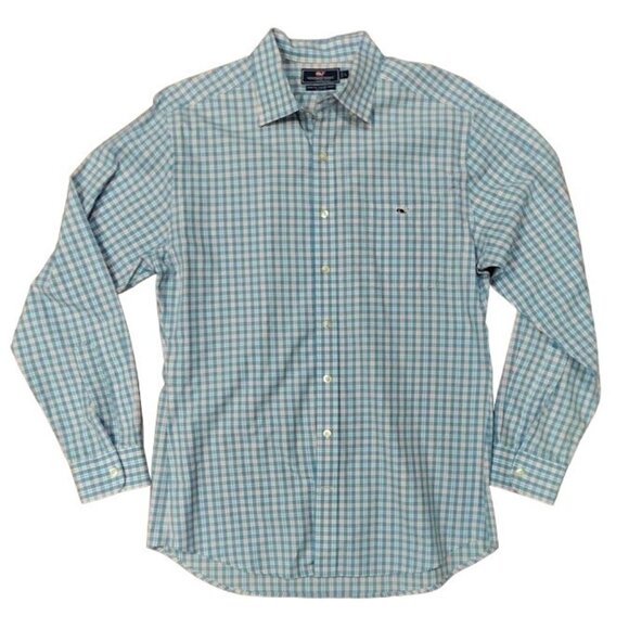 Vineyard Vines Slim Fit Blue Gingham Plaid Long Sleeve Tucker Shirt Men's Large - Picture 2 of 9